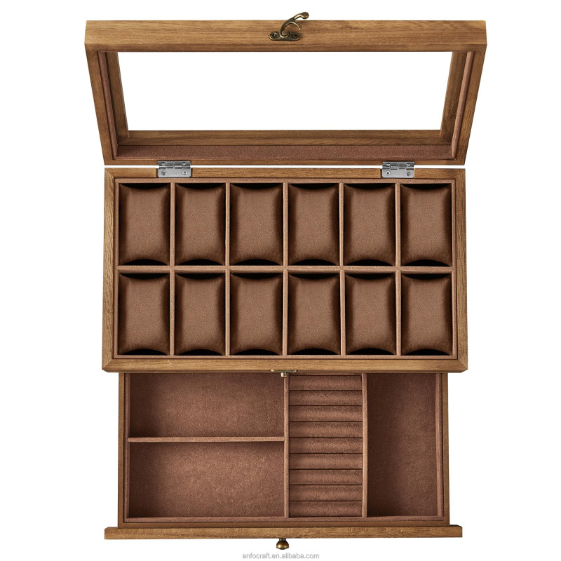 Caja Organizadora de Lujo para Relojes y Joyas – Estuche de Madera con Tapa de Vidrio, Ideal para Anillos, Pulseras y Gafas