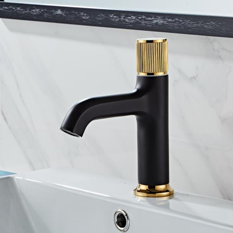 Grifo de Baño para Agua Fría y Caliente, Monomando de Latón Negro y Dorado para Lavabo