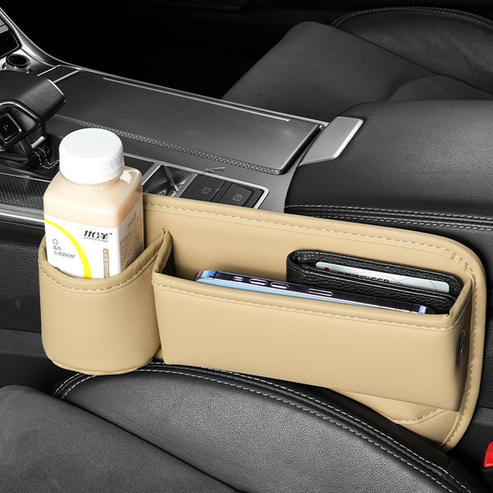 Organizador de Asiento para Auto en Cuero PU – Caja Portaobjetos con Portavasos y Bolsillo para Espacio entre Asientos